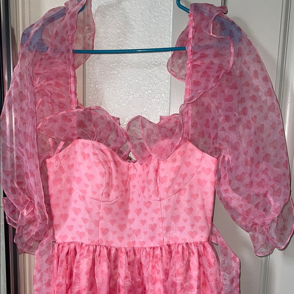 NWPT FANCIFUL DOLL Pink Heart Patterned Dress with Sheer Sleeves